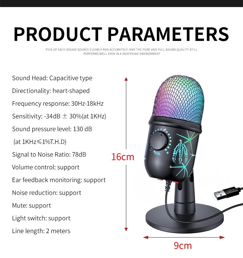 Gaming Microphone USB Microphone for PC Condenser Podcast Mic for Studio Recording with Headphone Jack, Led, Noise Cancellation - Image 5