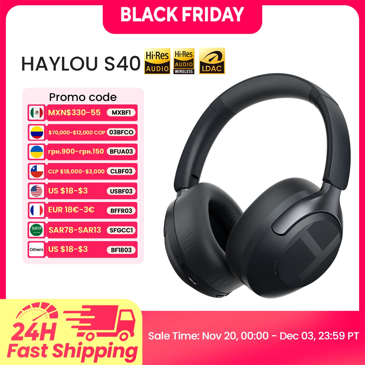 Haylou S40 ANC Wireless Headphones: 50dB Noise Canceling, LDAC