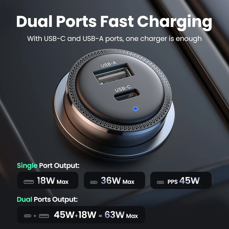 UGREEN 63W Car Charger PD 3.0 PPS 45W USB-C QC 3.0 Fast Charging - Image 2