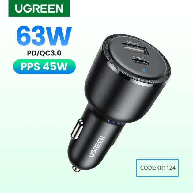 UGREEN 63W Car Charger PD 3.0 PPS 45W USB-C QC 3.0 Fast Charging